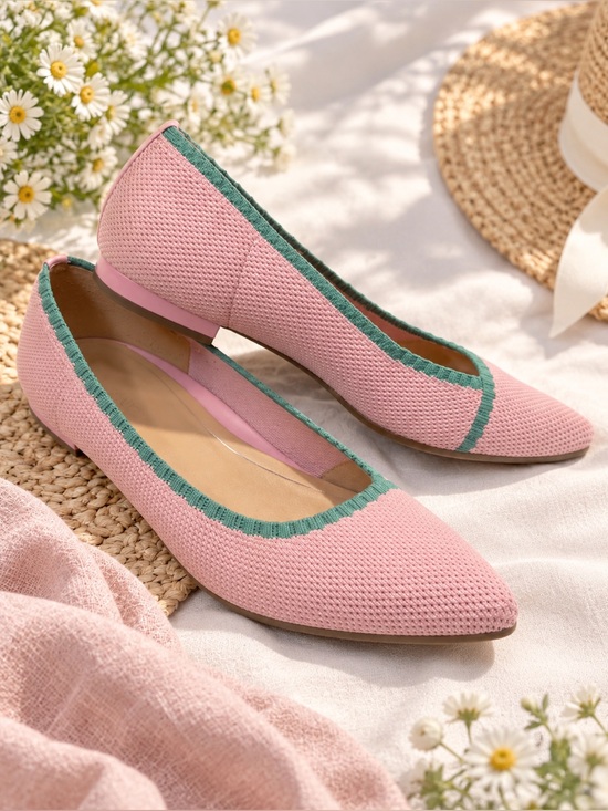 Vionic Shoes - Vionic Pink Pointed Toe Knit Ballet Flats with Green Trim Size 9